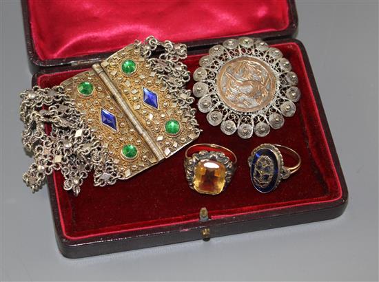 A 19th century yellow metal and citrine set ring (adapted) and 3 other items.